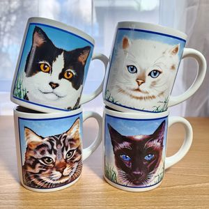 1987 Set Tuxedo Cat Message Mugs Vtg Set Of 4 Catd, Animal Coffee Cup